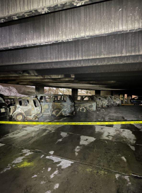 Remains of cars after a fire hit a parking garage at Fairmont Chateau Lake Louise on Feb. 8, 2023.