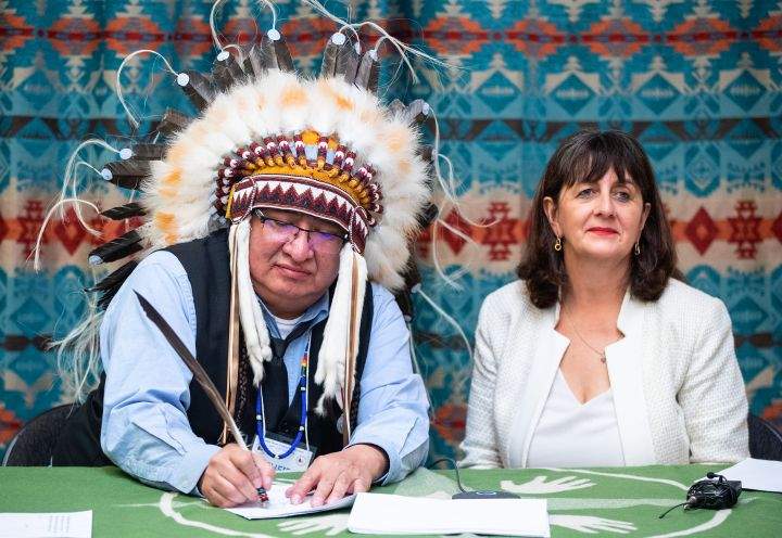 Chief Desmond Bull and Assistant Deputy Minister for Indigenous Services Canada Catherine Lapp, sign a bilateral agreement between Louis Bull Tribe and the Government of Canada to support Bill C-92, in Maskwacis, south of Edmonton on Wednesday February 1, 2023. This historic agreement will enable the Nation to administer jurisdiction over their own child and family services.