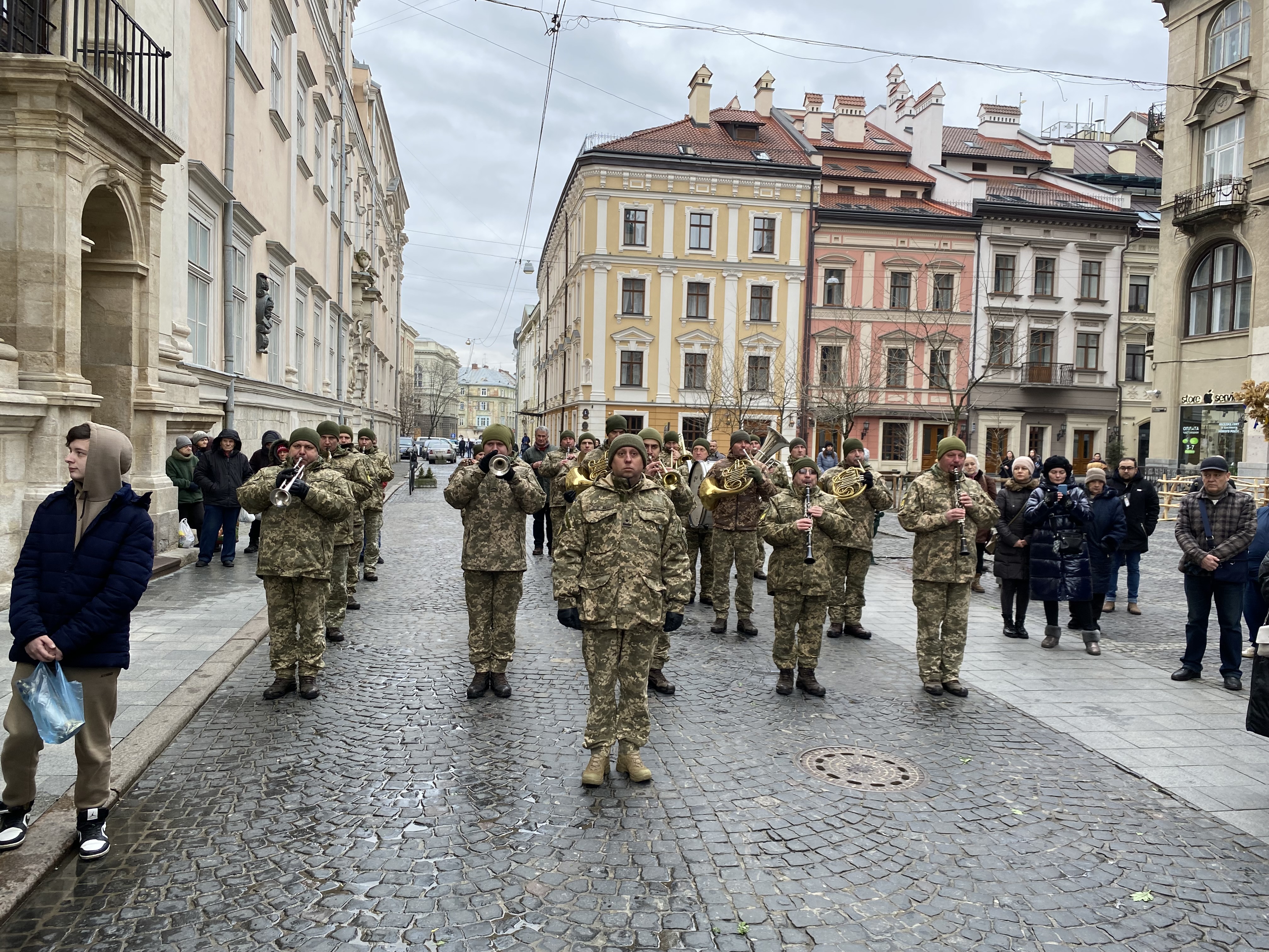 Military band for three fallen soldiers, Lviv, Ukraine, Jan. 16, 2023.