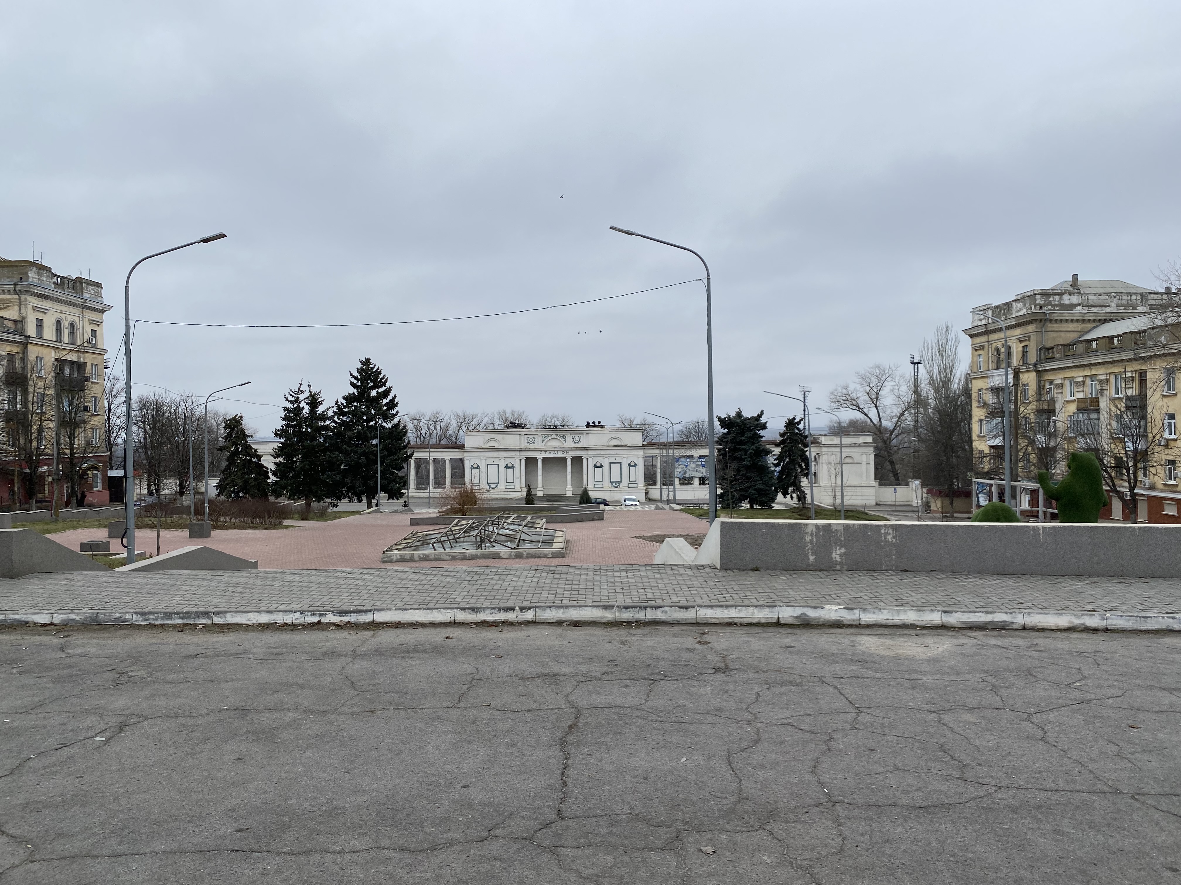 Buildings in Marhanets, Ukraine, across the river from a nuclear plant occupied by Russian forces.