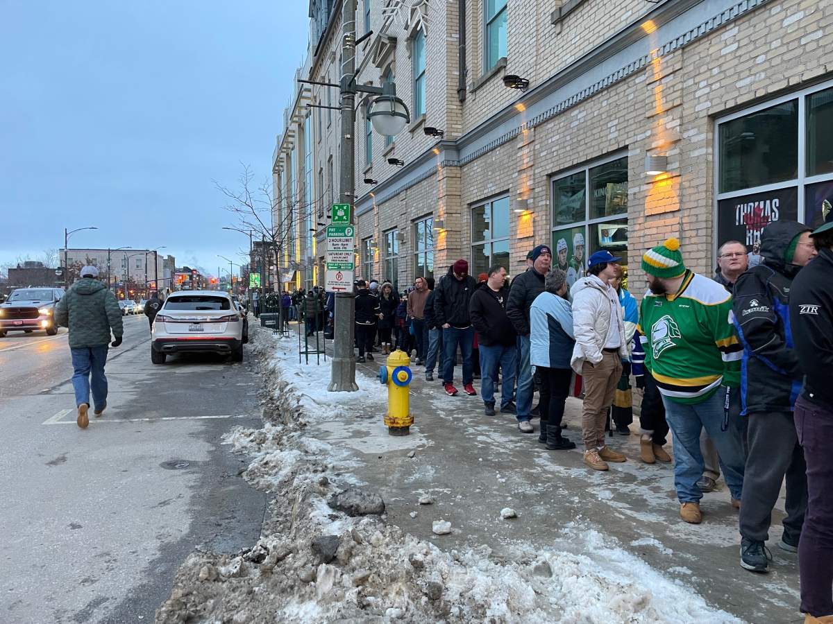The Mitch Marner bobble head lineup at Budweiser Gardens.