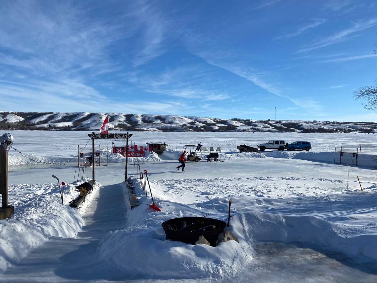 The rink sits on the side of Buffalo Pound Lake in Saskatchewan.