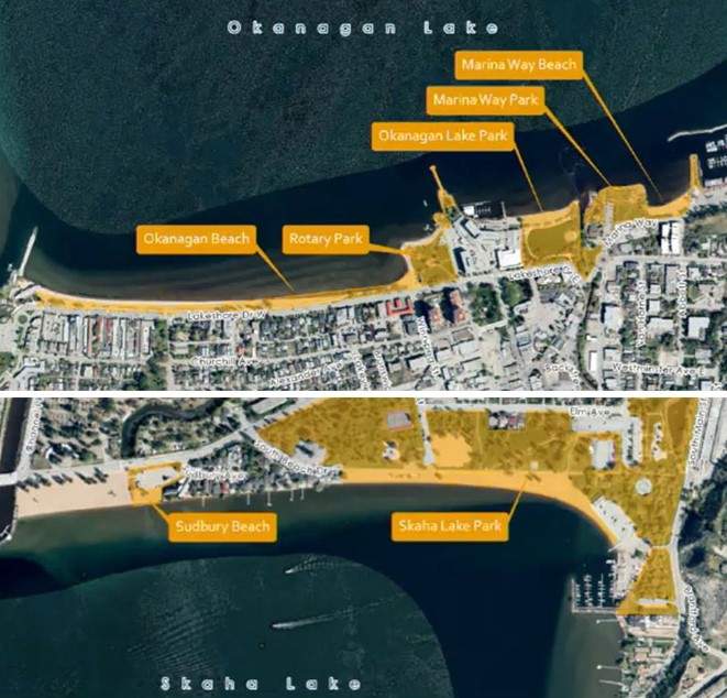 A map showing areas in Penticton, B.C., where the public consumption of alcohol is allowed at select parks and beaches.