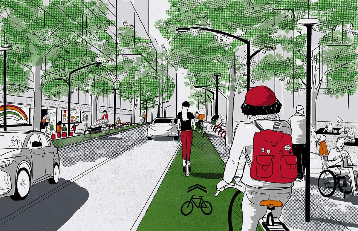 A sketch showing how the multimodal street section of Stephen Avenue could be reimagined as.