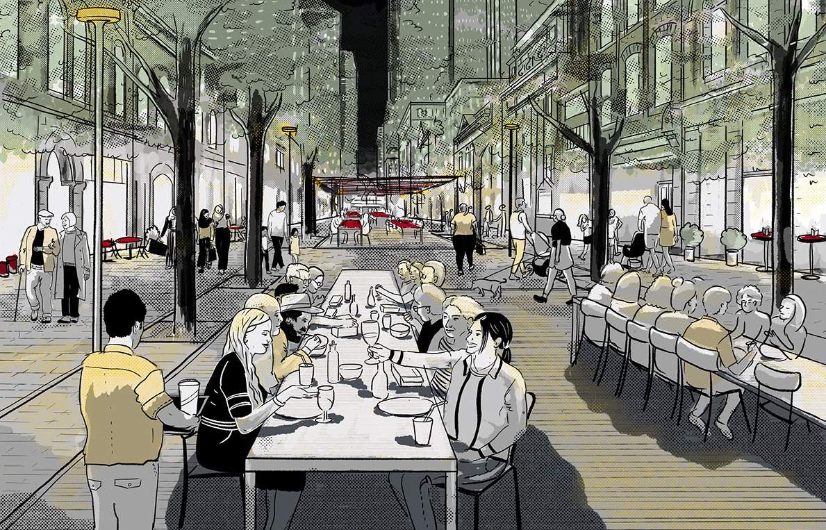 A sketch showing how Stephen Avenue could be reimagined to allow for public spaces that could include outdoor dining.