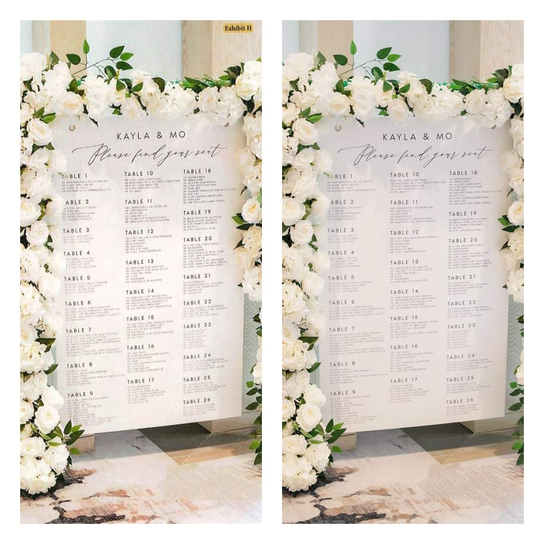 A side-by-side comparison of an image included in the NDP affidavit to Ontario’s Integrity Commissioner and a publicly available photograph of the wedding seating chart obtained by Global News