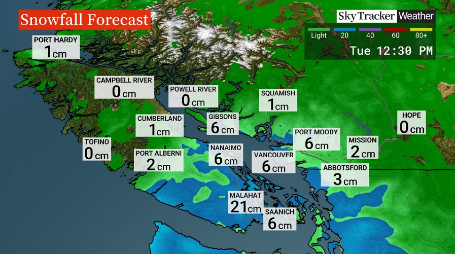 Forecast of snowfall amounts this afternoon through Tuesday.