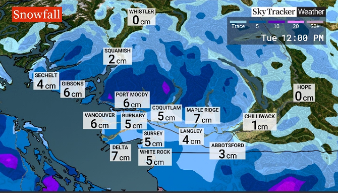 Forecast of snowfall amounts this afternoon through Tuesday morning.