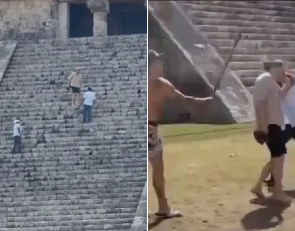 An onlooker hits the Polish tourist with a stick after he descended from the Kukulkan in Mexico.