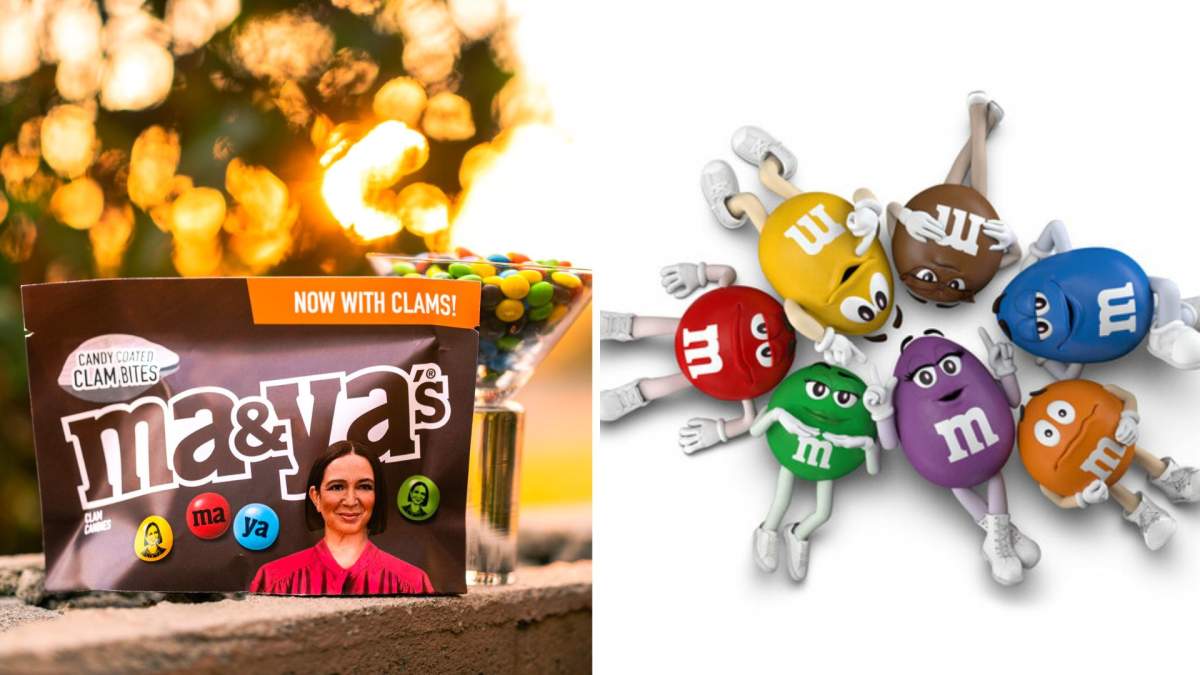 A split photo. On the left are the Maya Rudolph clam M&M's. On the right are the spokescandies.