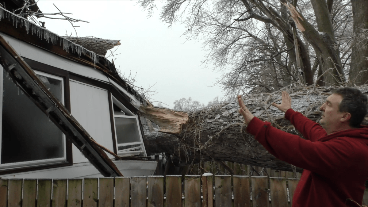 Fort Erie, Ont. resident Jeff Voyce examining damage to his Crystal Beach home after a large tree crashed through a roof and into his bedroom during a winter storm Feb 23. 2023.