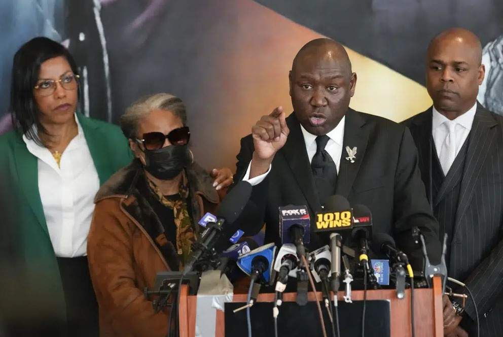 Attorney Ben Crump, speaks during a news conference at the Malcolm X & Dr. Betty Shabazz Memorial and Educational Center in New York, accompanied by the daughters of Malcom X, Ilyasah Shabazz, left, and Qubilah Shabbaz, second from left, and attorney Ray Hamlin, right, on Tuesday, Feb. 21, 2023.