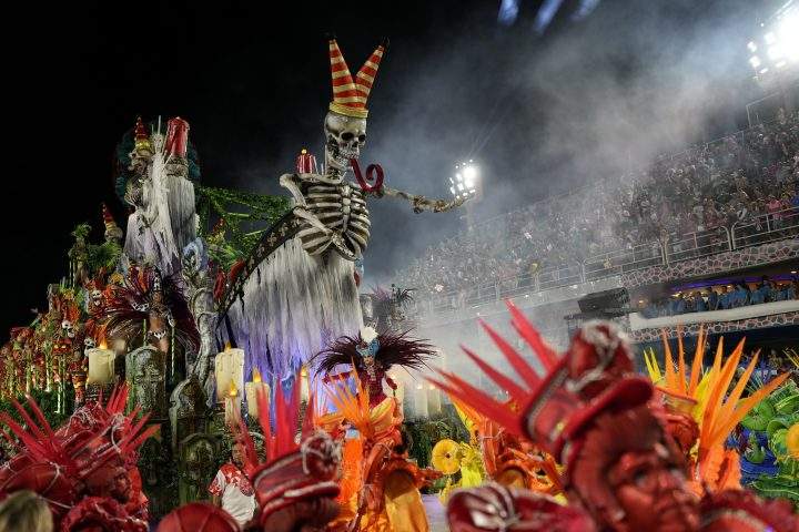 Performers from the Salgueiro samba school parade on a float during Carnival celebrations at the Sambadrome in Rio de Janeiro, Brazil, Monday, Feb. 20, 2023.