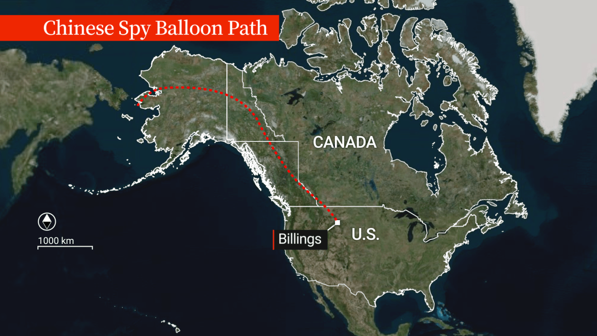 A map demonstrating the description given by defence officials of the Chinese spy balloon's path over Canada.