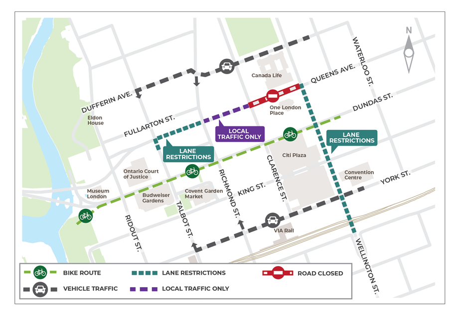A map of the upcoming traffic changes downtown London, Ont., due to phase two of the Downtown Loop construction.