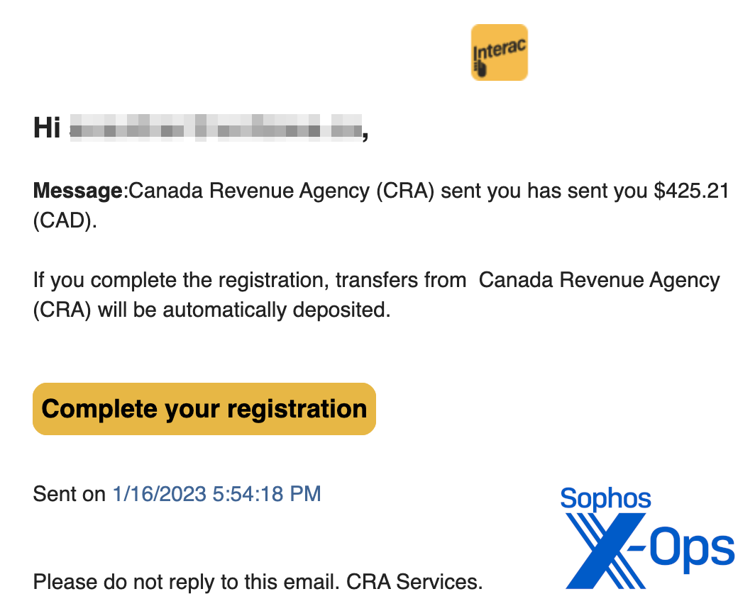 An example of a scam message claiming to be from the CRA.