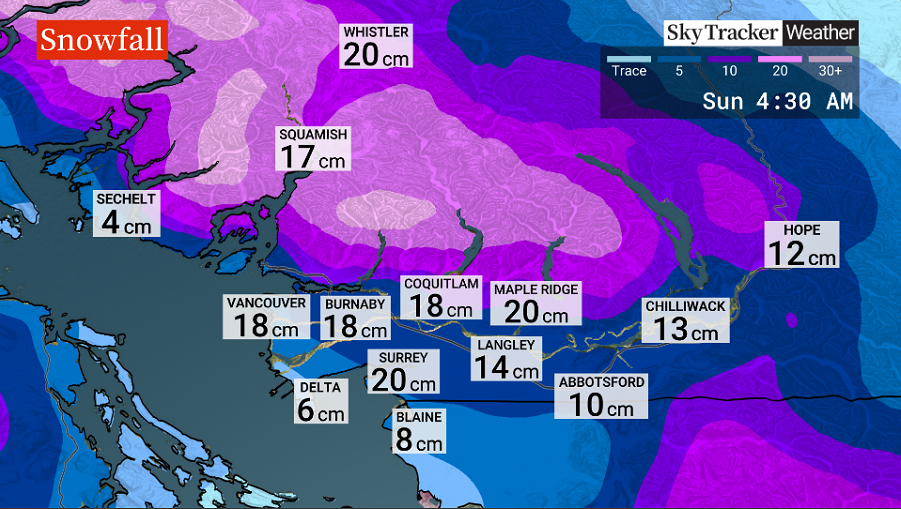 Snowfall totals across the Lower Mainland by Sunday morning.
