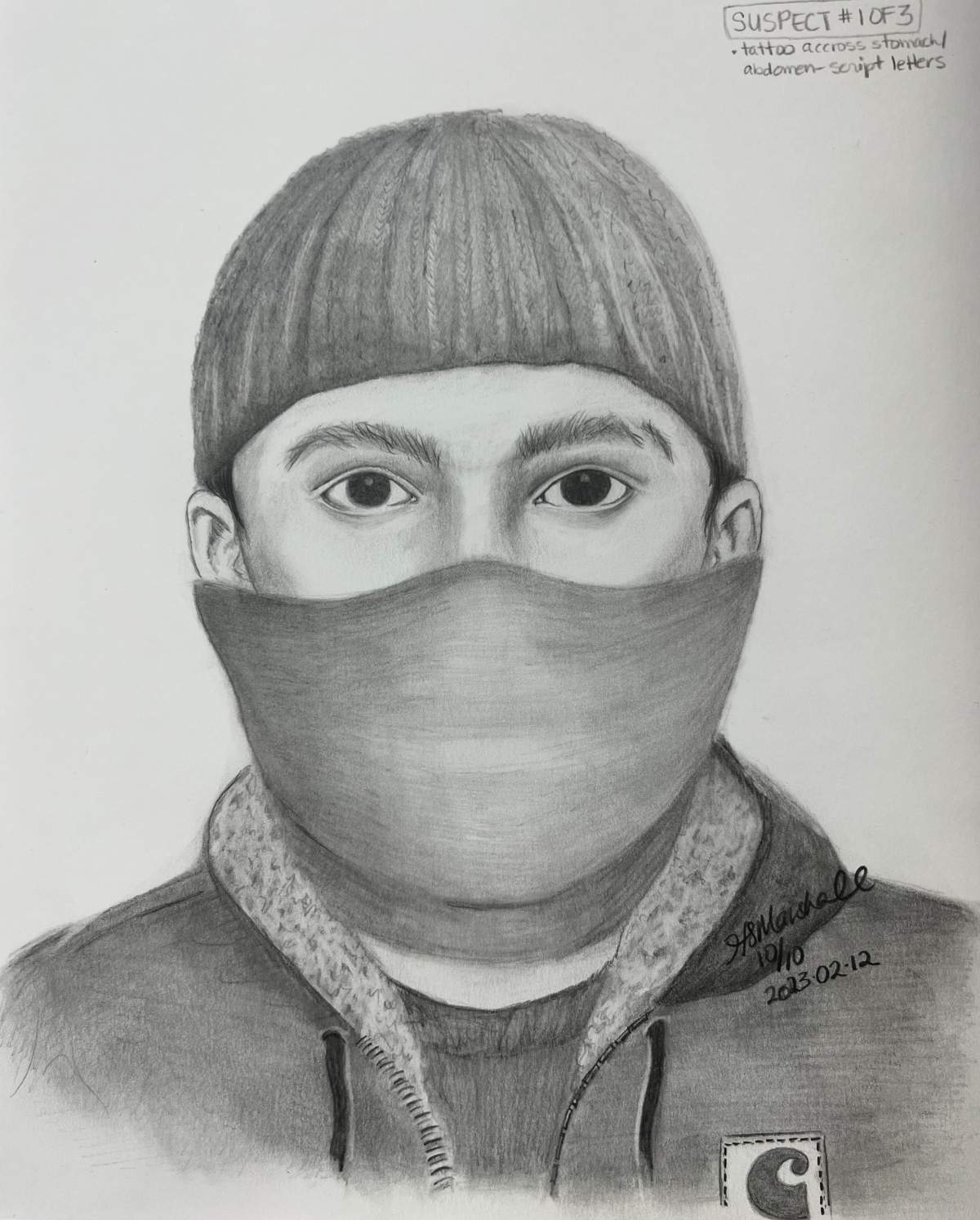 An image of suspect one whose face was covered by a thin neck warmer/tube pulled up.