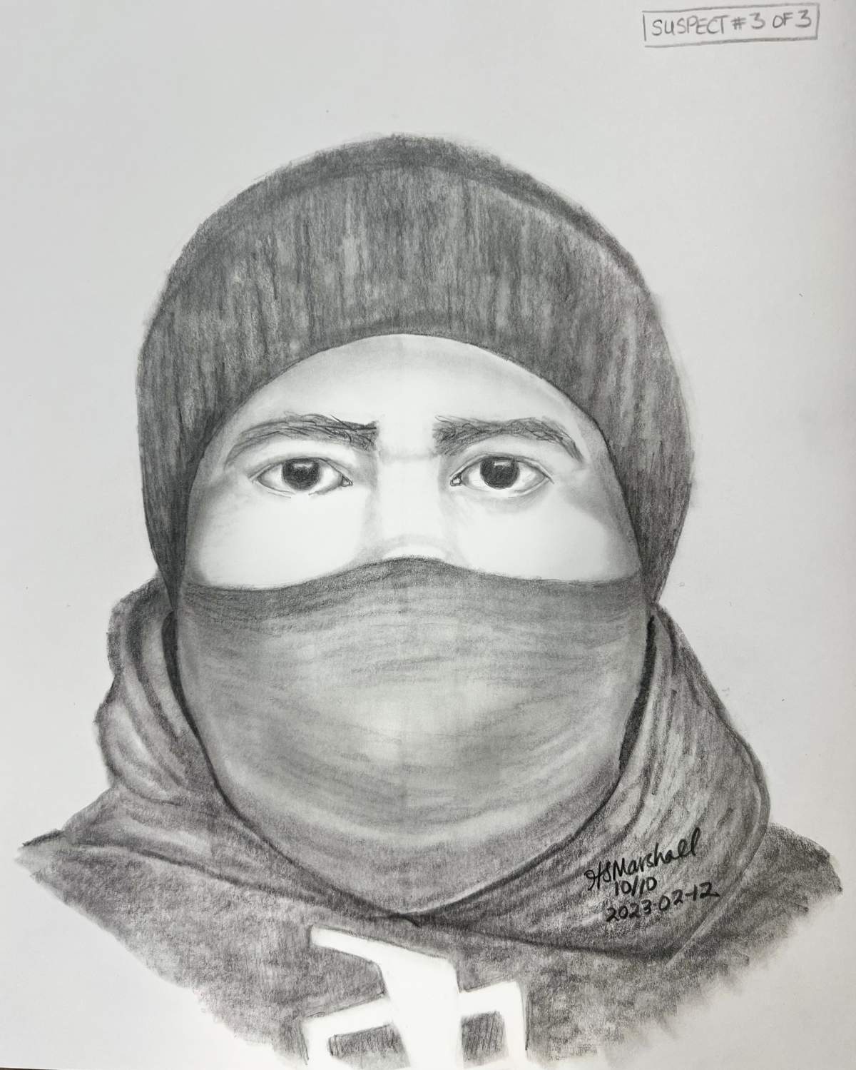 A sketch of suspect three whose face was covered by a thin neck warmer/tube pulled up.