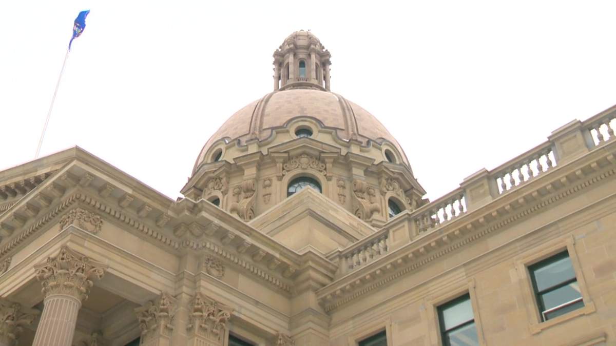 The provincial flag at the Alberta legislature in Edmonton, Alta. in February 2023.