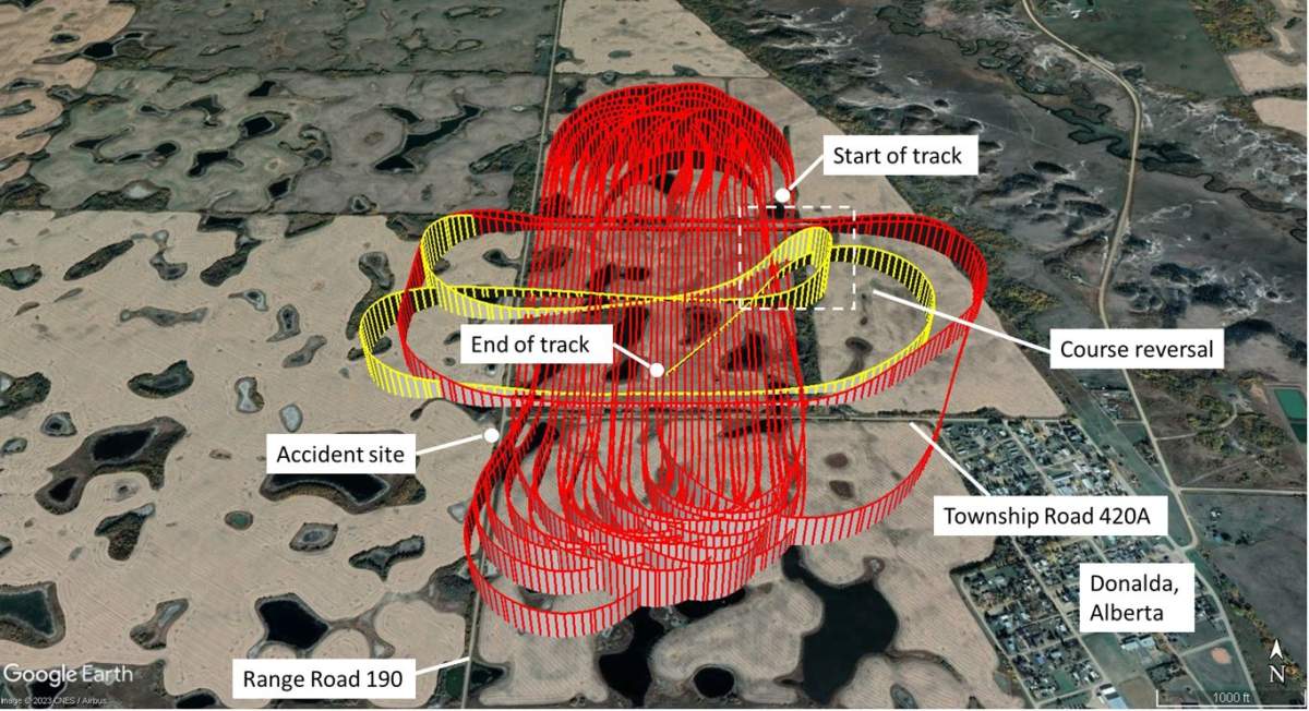 Occurrence flight path based on global positioning system data; the last 1.5 minutes of the recorded flight path are in yellow; the dashed box indicates the course reversal