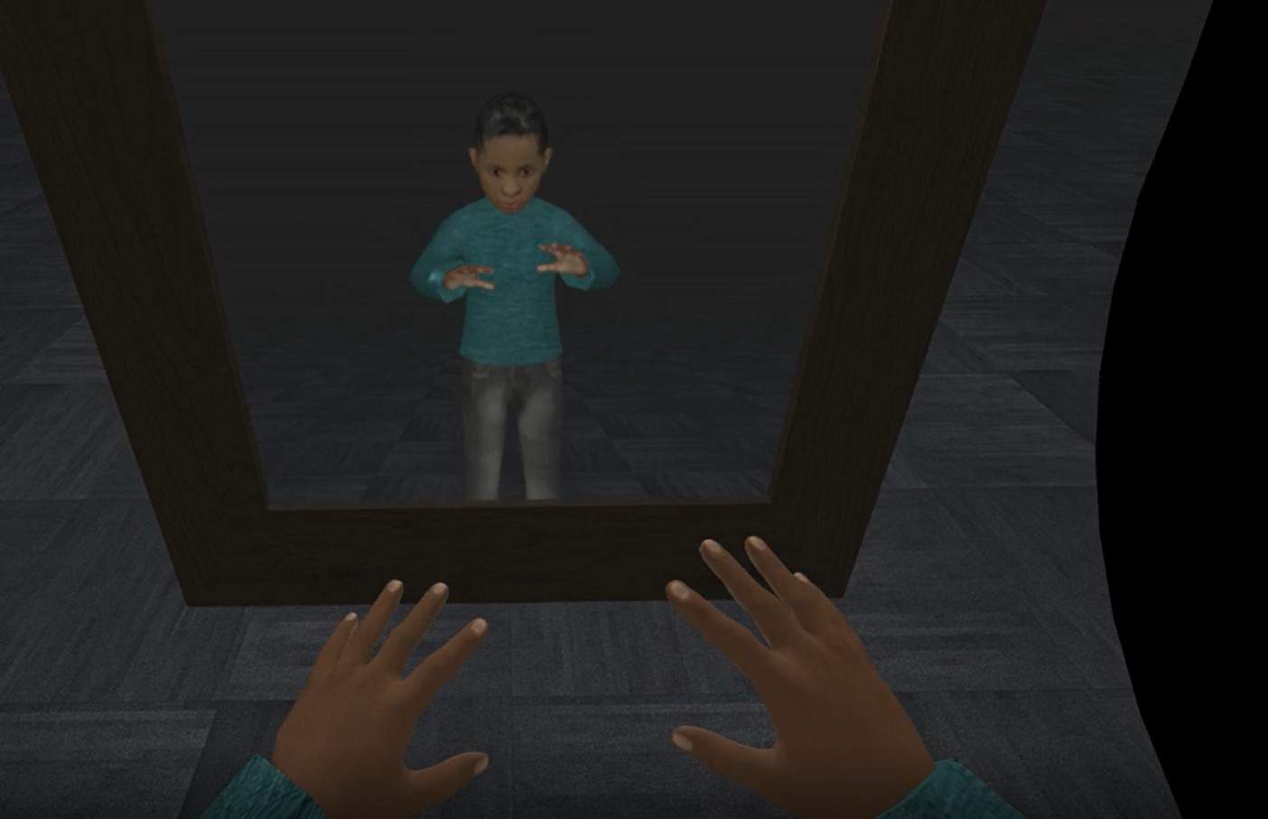 The perspective of Michael Sterling as a child looking into the mirror in the VR experience "1000 Cut Journey."