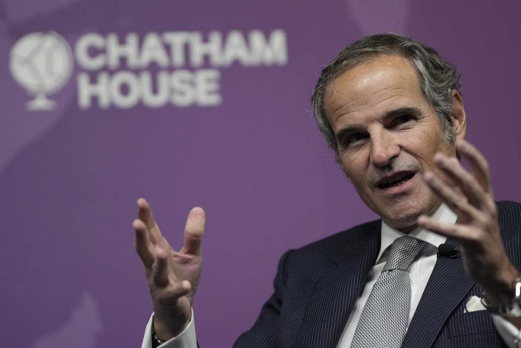 The Director General of the Atomic Energy Agency, Rafael Marino Grossi speaking at Chatham House in London, Tuesday, Feb. 7, 2023. (AP Photo/Alastair Grant)