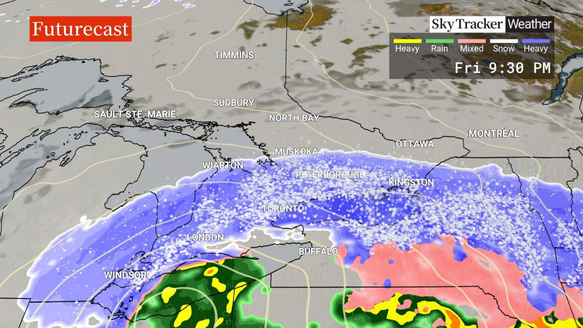 Expected precipitation in southern Ontario around 9:30 p.m. on Friday, March 3, 2023.