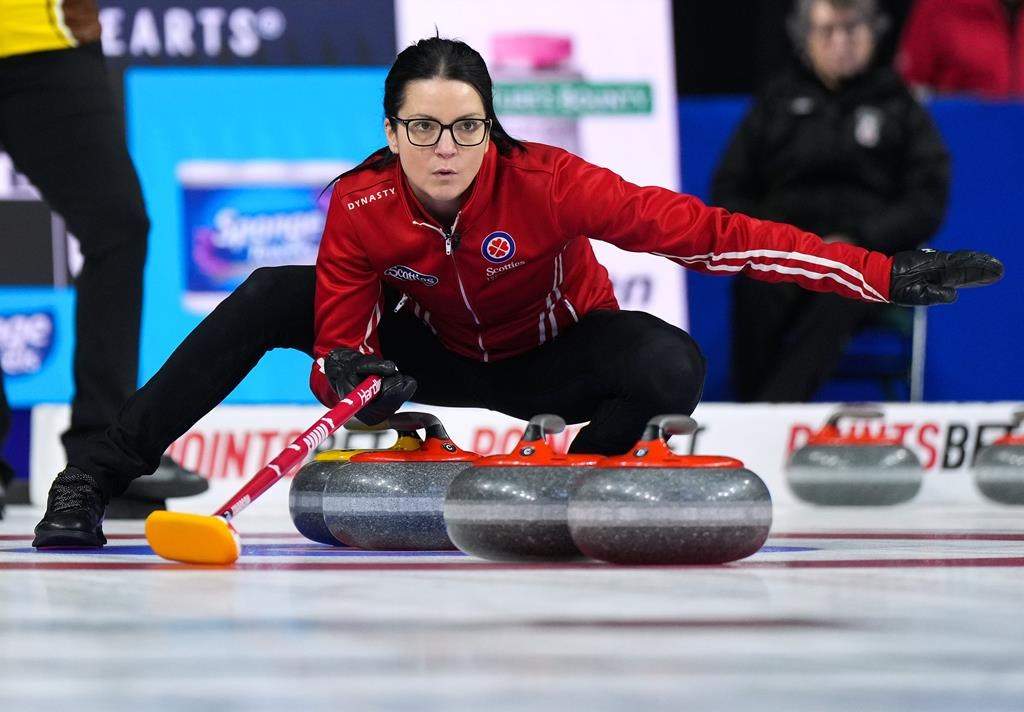 Fresh off winning a record-tying fourth Scotties Tournament of Hearts, Team Canada skip Kerri Einarson, third Val Sweeting, second Shannon Birchard and lead Briane Harris are jetting off to Sweden in pursuit of their first women’s world title. Einarson watches the shot while playing Manitoba during the final at the Scotties Tournament of Hearts, in Kamloops, B.C., on Sunday, Feb. 26, 2023.