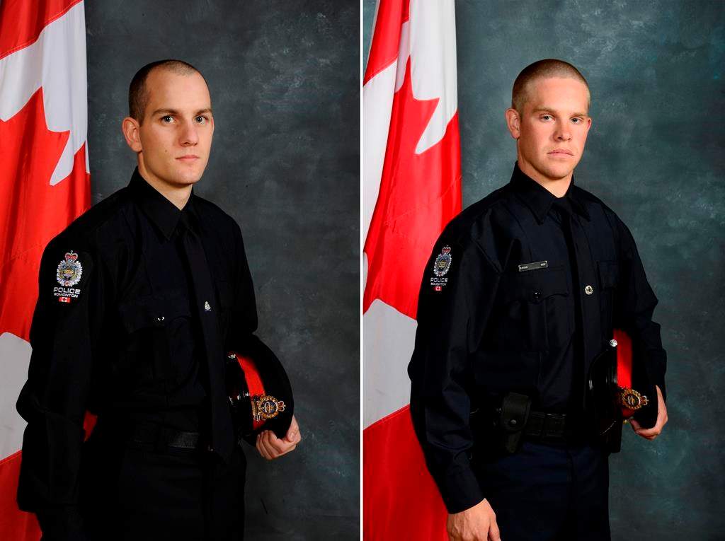 Edmonton police Const. Travis Jordan, left, and Const. Brett Ryan are seen in a composite image made from two undated handout photos. Jordan, 35, an eight-and-a-half-year veteran with the Edmonton force, and Ryan, 30, who had been with the service for five and a half years, were shot and killed responding to a domestic violence call.