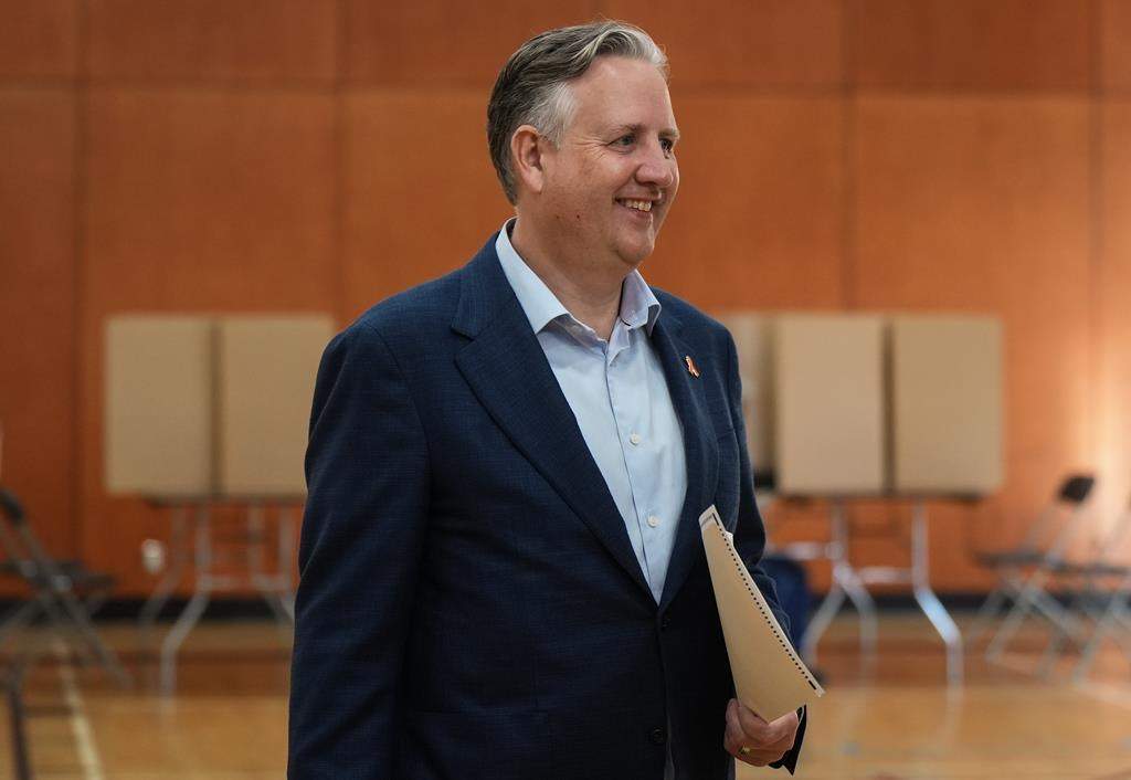 Vancouver mayoral candidate, incumbent Kennedy Stewart, carries his civic election ballot after marking it as he votes at an advance poll in Vancouver, B.C. on Thurs. Oct. 13, 2022.