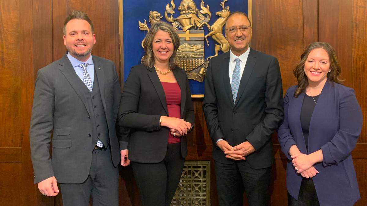 Minister of mental health and addictions Nicholas Milliken, Premier Danielle Smith, Amarjeet Sohi, and minister of municipal affairs Rebecca Schultz, on Tuesday, March 7, 2023.