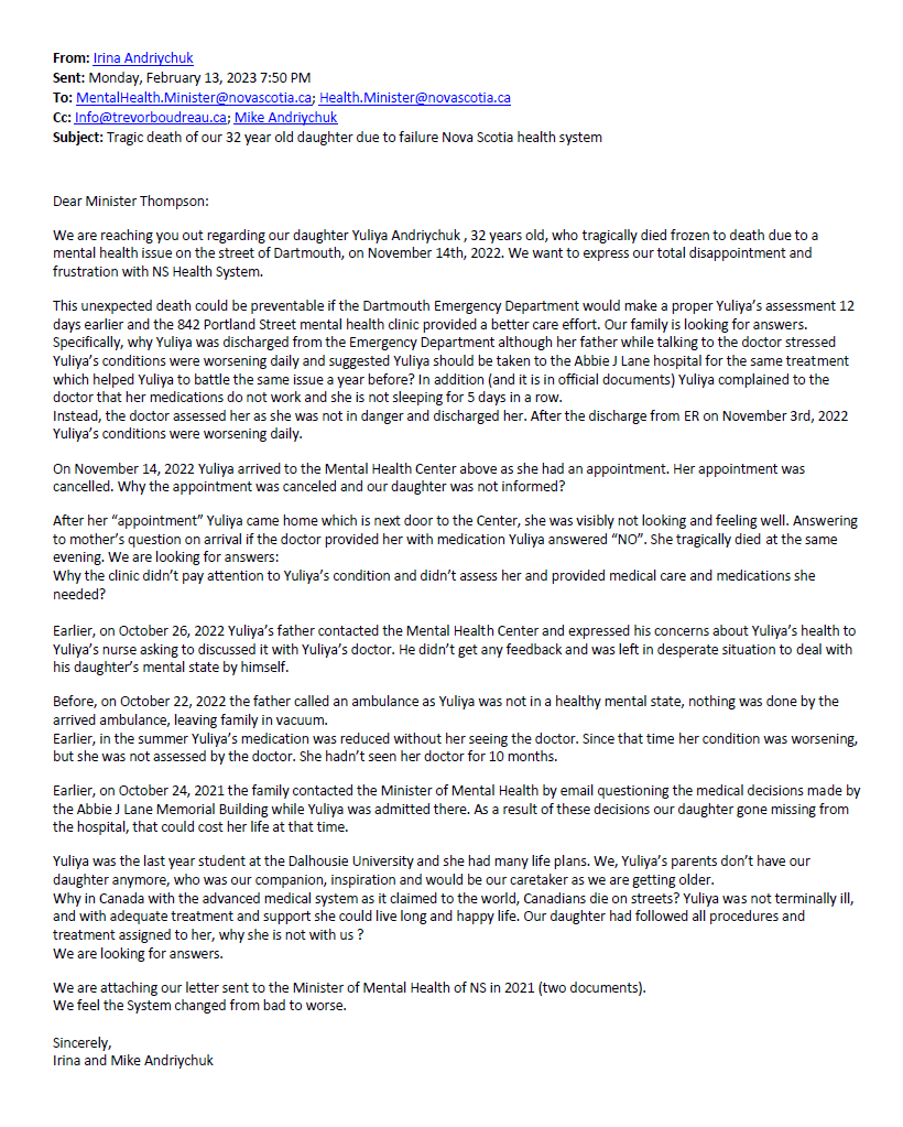 Irina and Mike Andriychuk emailed the N.S. Health Department on Feb. 13, calling for answers in the 2022 death of their daughter.