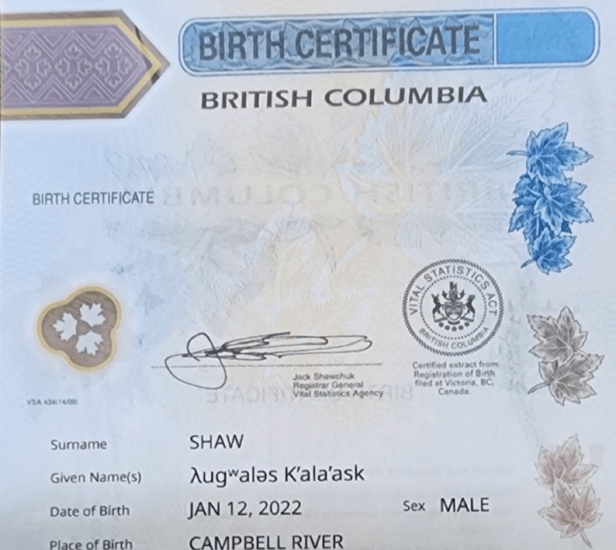 λugʷaləs Shaw is the first child to have his Indigenous name on his B.C. birth certificate