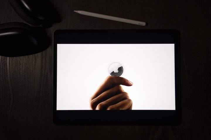 In this illustration photographed in La Habra, Calif., the AirTag tracking device is introduced during a virtual event held to announce new Apple products, Tuesday, April 20, 2021.