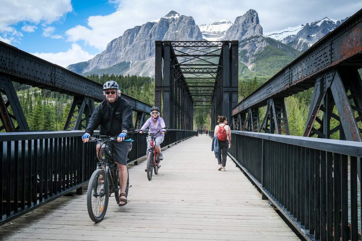 An old railway bridge used as a walking and cycling path in Canmore, Alta., Saturday, May 29, 2021.