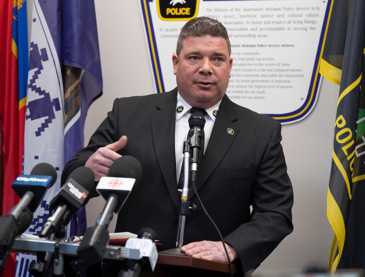 Akwesasne Mohawk Police Chief Shawn Dulude speaks to the media Friday, March 31, 2023 after a boat capsized and left eight people confirmed dead in Akwesasne, Que.