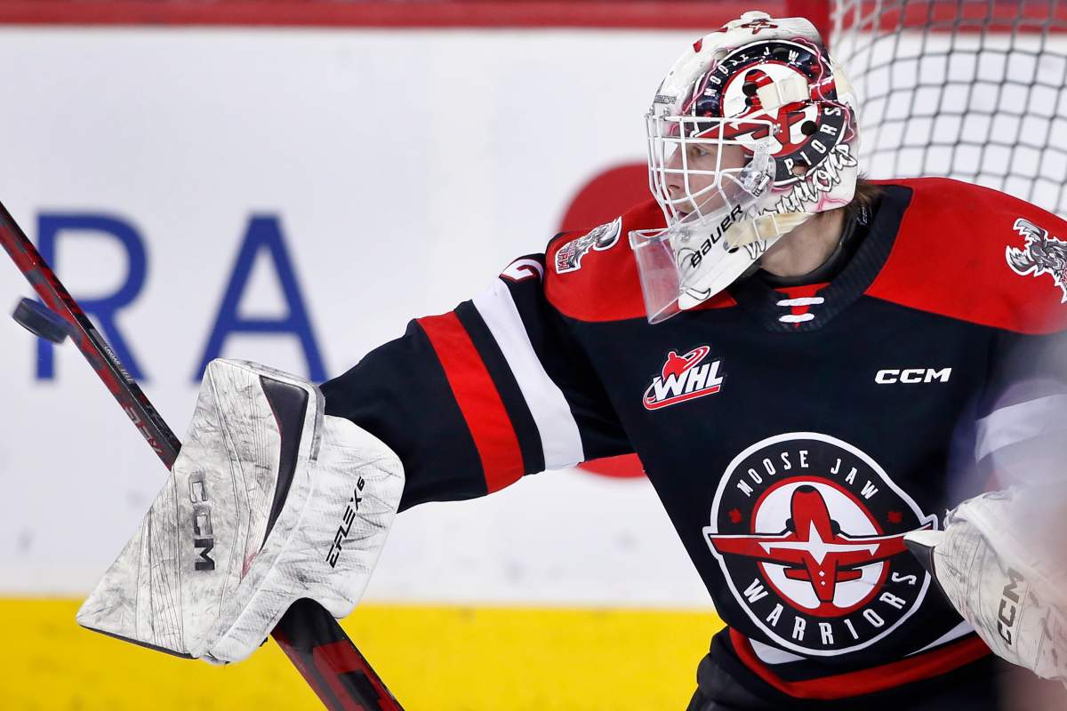 Moose Jaw Warriors goalie Connor Ungar during WHL hockey action against the Calgary Hitmen in Calgary, Alta., on Feb. 5.