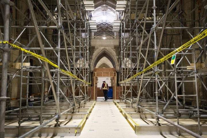 Scaffolding is shown inside Centre Block on Parliament Hill