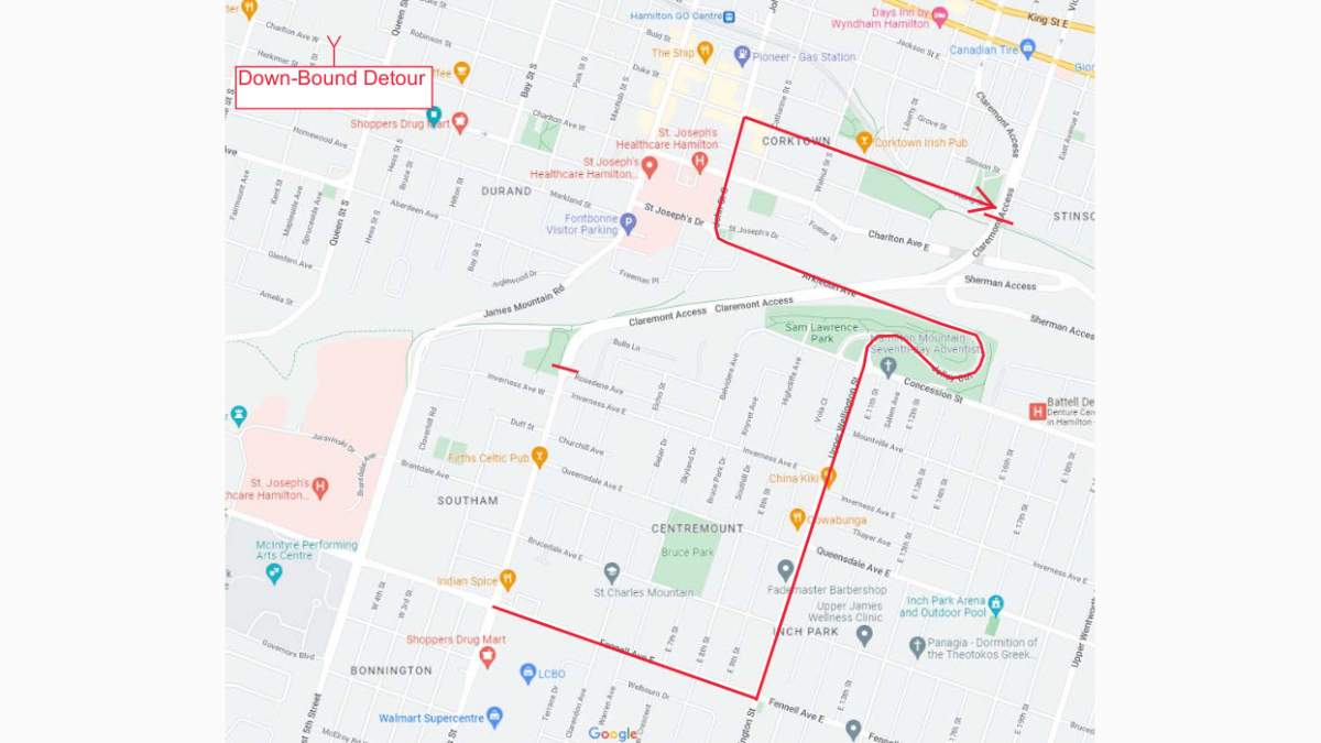 A City of Hamilton map recommending an alternative to reach the lower city from the Mountain while walls around the Claremont access are being repaired.