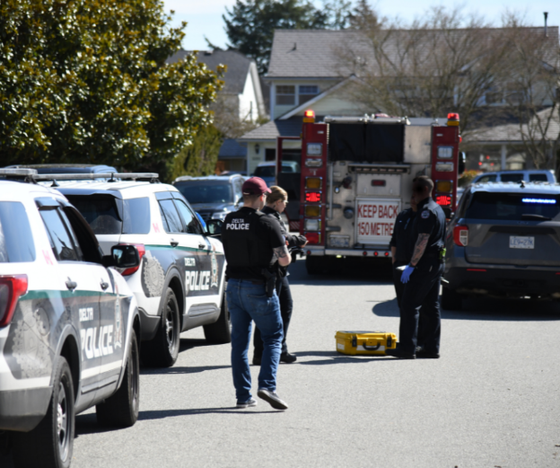 Police in Delta, B.C. arrested a man in a stolen truck in Ladner on Mon. March 27, 2023.