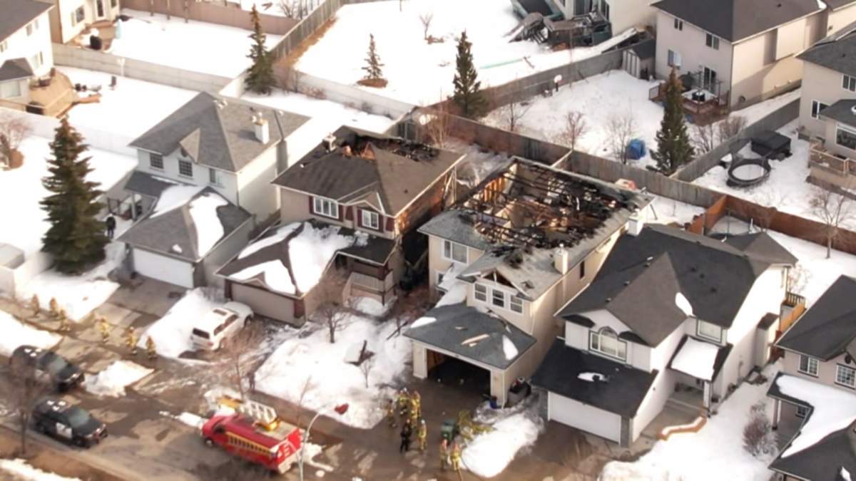 Damage from a fire in Calgary's Citadel neighbourhood is seen from above, on March 24, 2023.