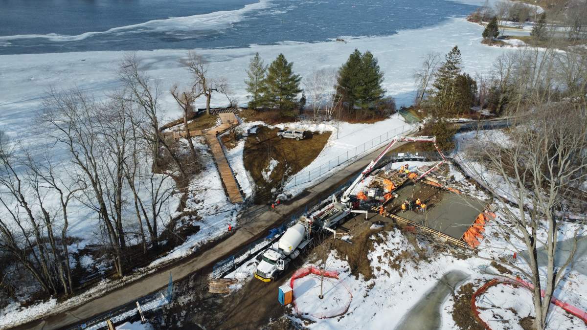 An aerial view of the construction for the Lakefront Campus for the Canadian Canoe Museum in Peterborough, Ont., on Feb. 13, 2023.