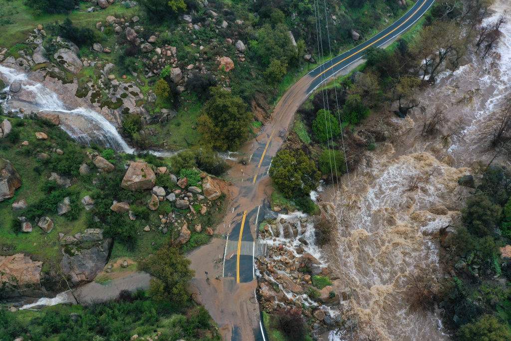 An aerial view of landslide on Highway 190 during heavy rain in Springville, Calif., on March 11, 2023.