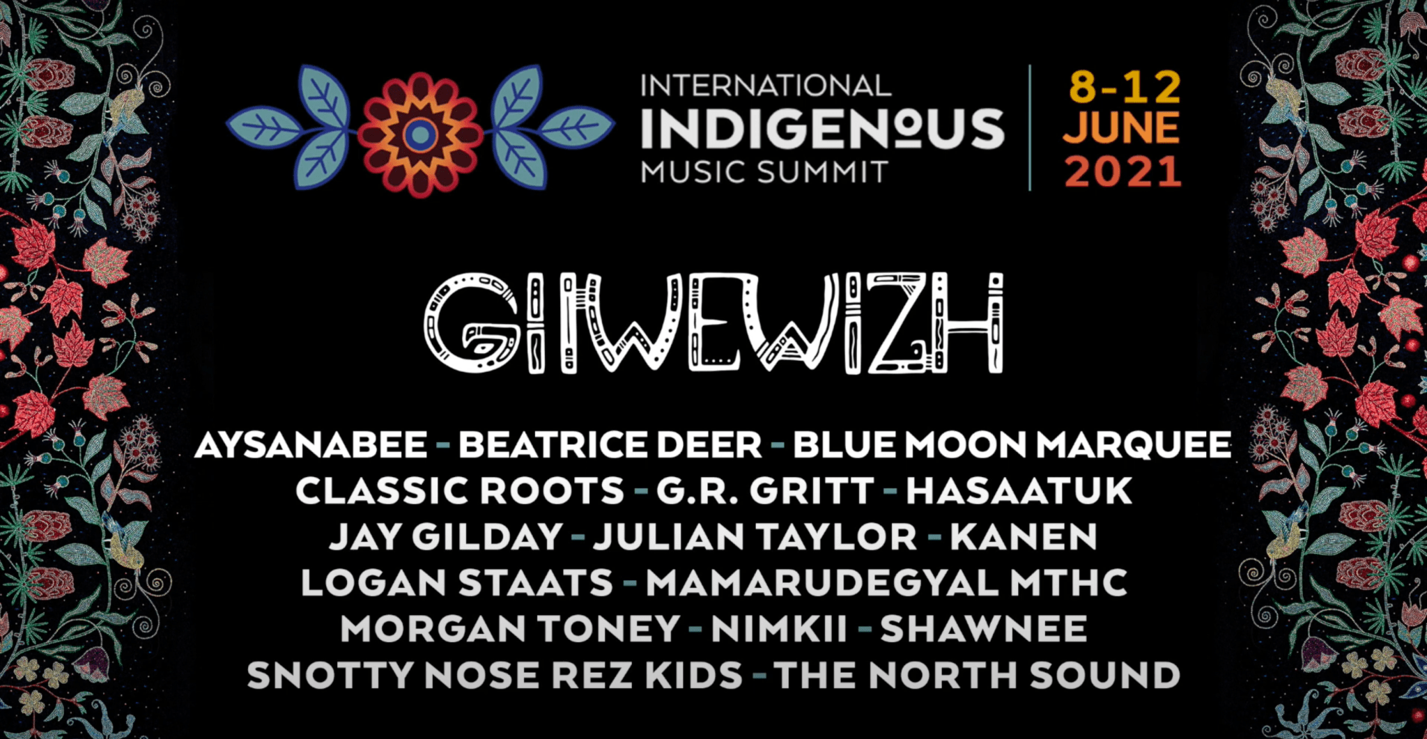 Poster for the International Indigenous Music Summit featuring Aysanabee.