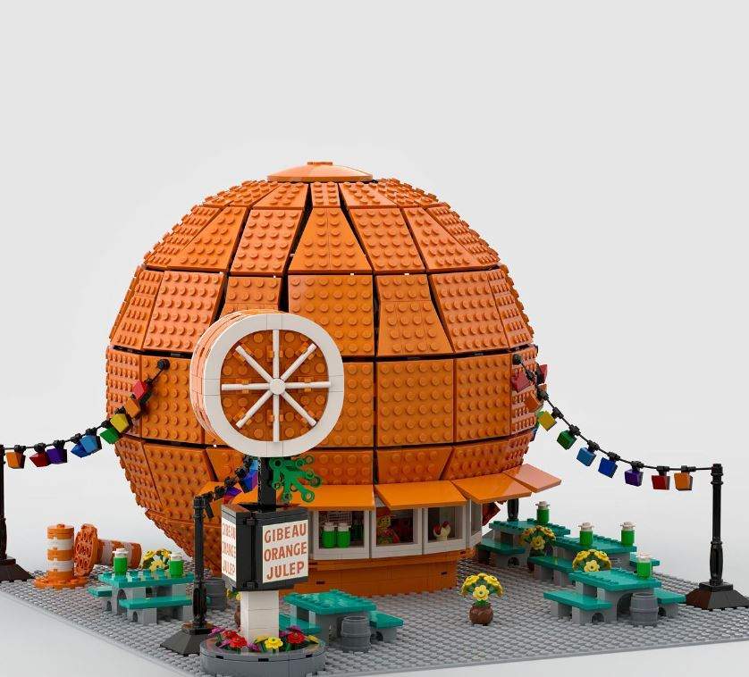 Orange Julep sculpture built out of Lego