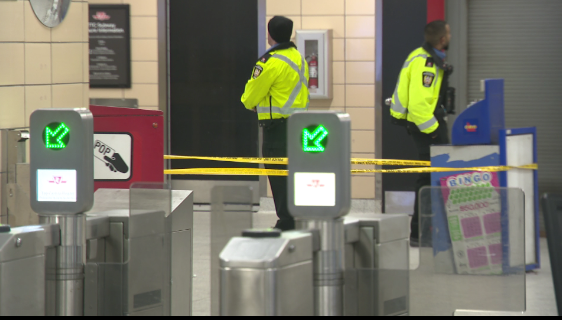 Police on the scene of a stabbing at Keele Subway Station reported on Saturday, March 25, 2023.