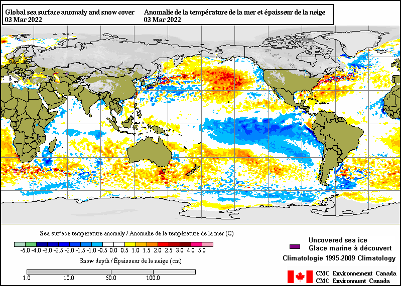 The effects of La Niña can be seen in the equatorial Pacific on March 2, 2022, in terms of a large expanse of cooler-than-normal waters.