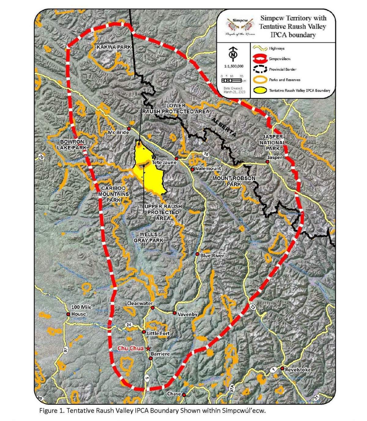 A map showing the Raush Valley watershed in the Rocky Mountains, and the IPCA in yellow.