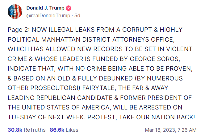 A screenshot of Donald Trump's Truth Social Post.